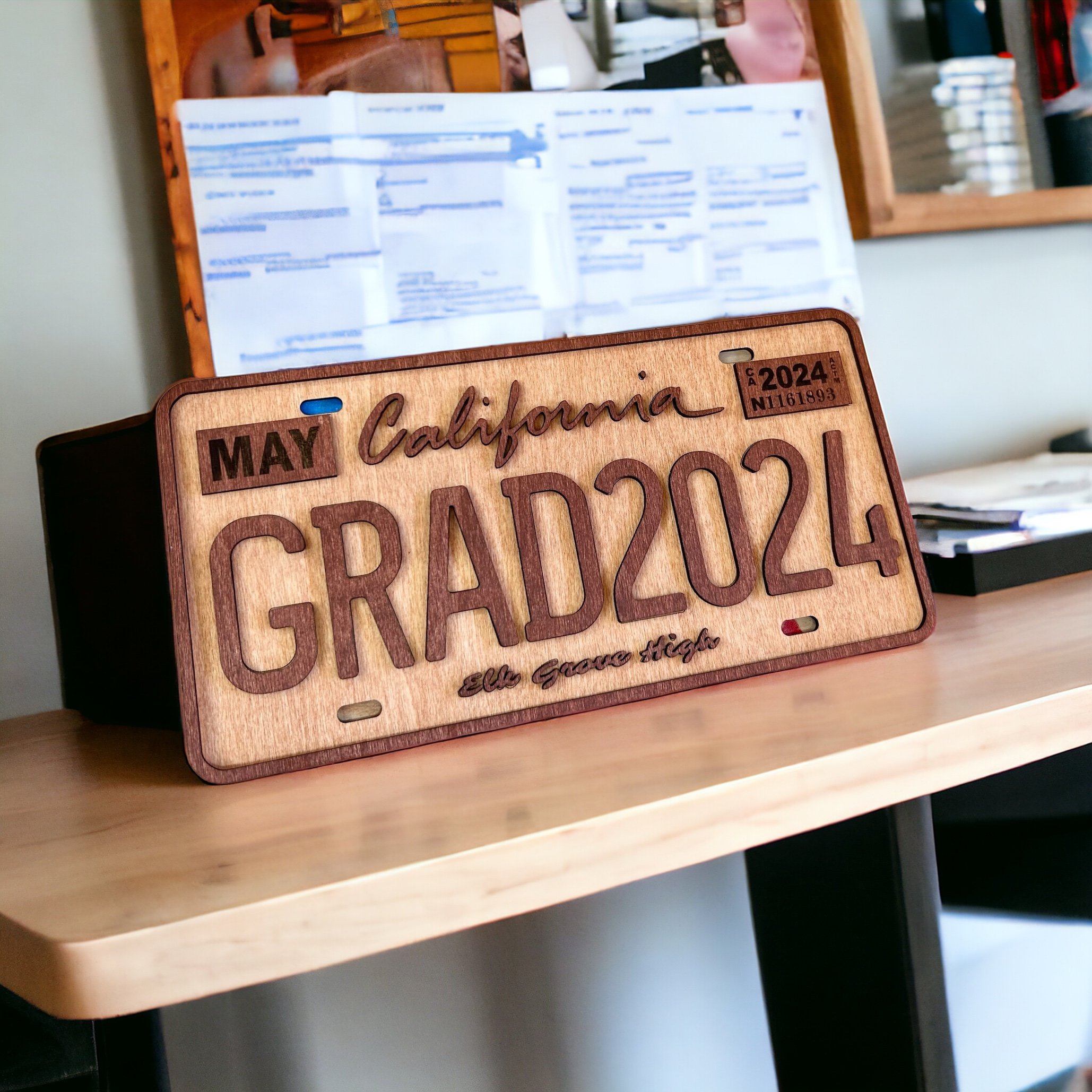 Stained wood California inspired license plate - "Grad2024"