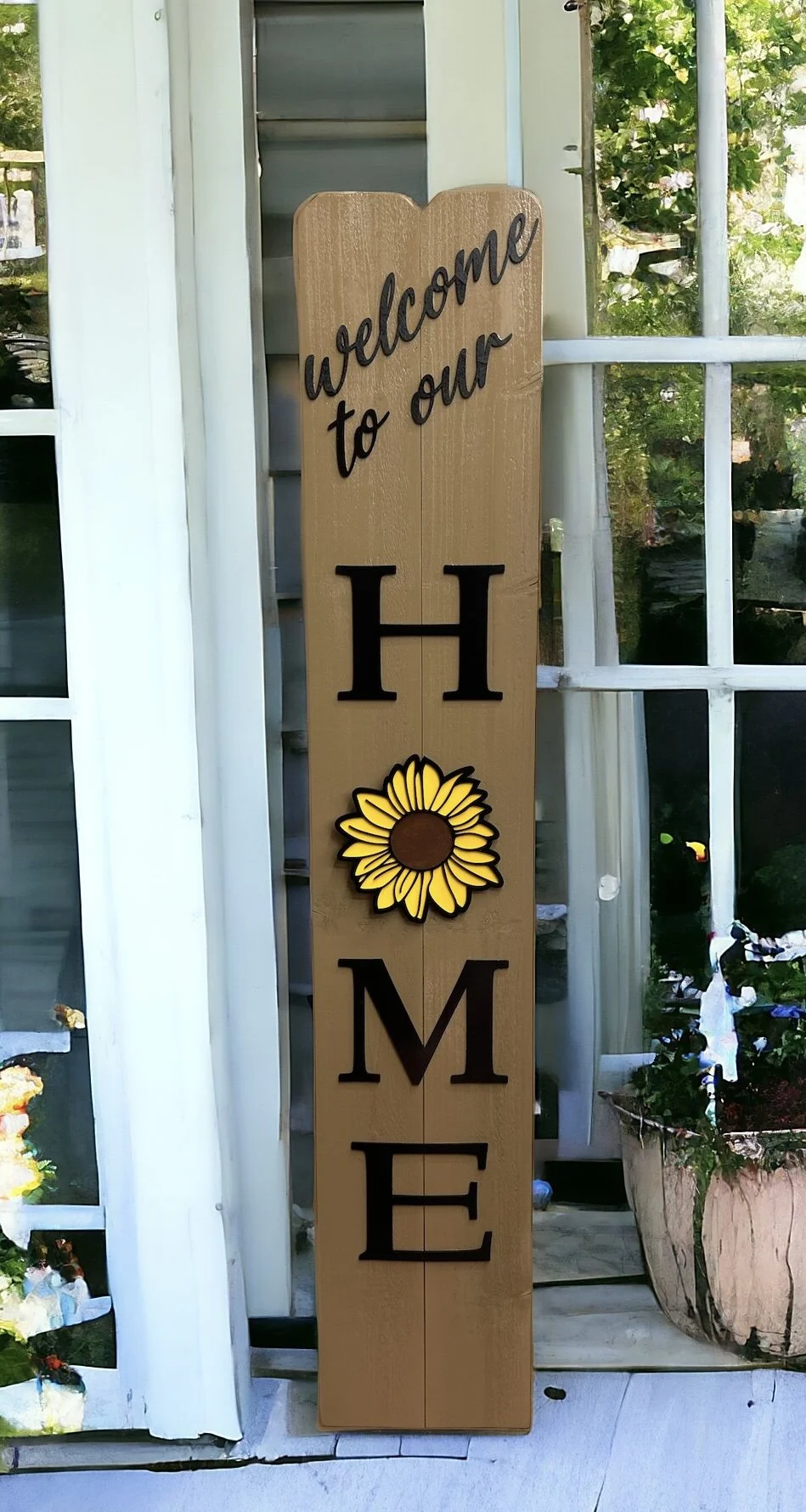 "Welcome to out Home" porch leaner - with sunflower
