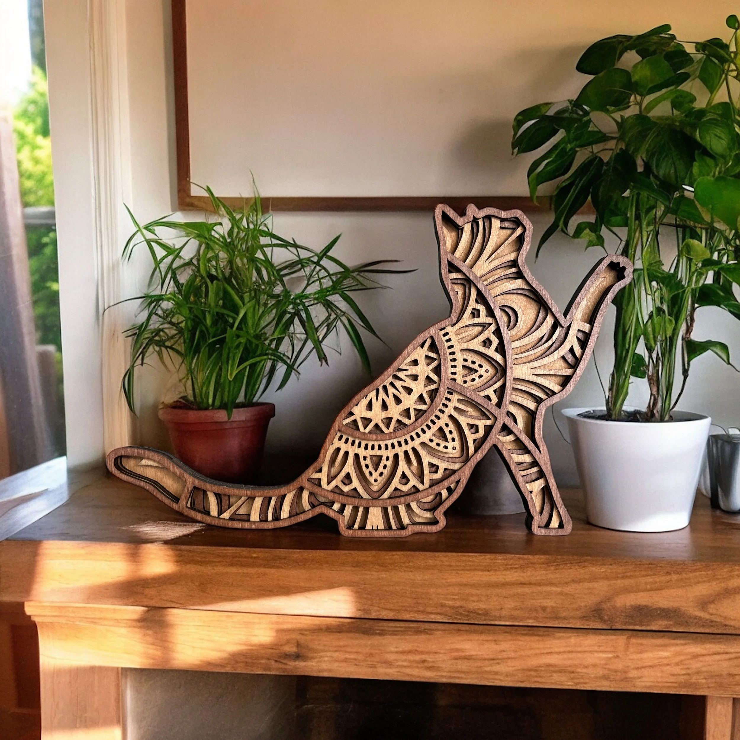 Stained wood mandala - Cat Silhouette