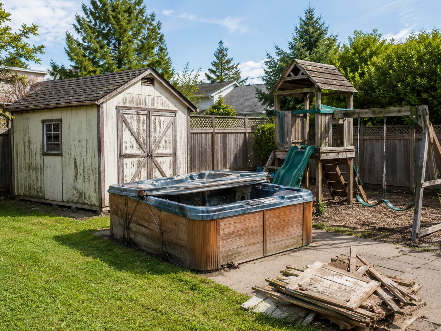 An outdoor hot tub with a blue interior and a wooden exterior, situated on a concrete patio near a fenced yard with plants and trees.