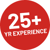 Red circular badge with white text that reads '25+ YR EXPERIENCE'.