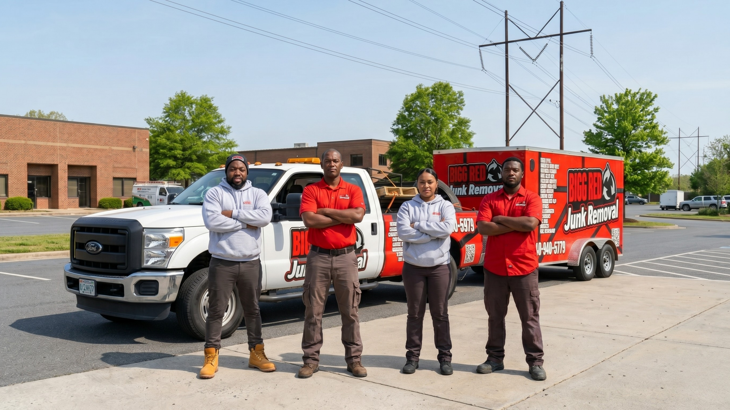 Four workers standing in front of a white pickup truck with a red and black trash removal advertisement on the side, parked in a parking lot with a brick building and green trees in the background.