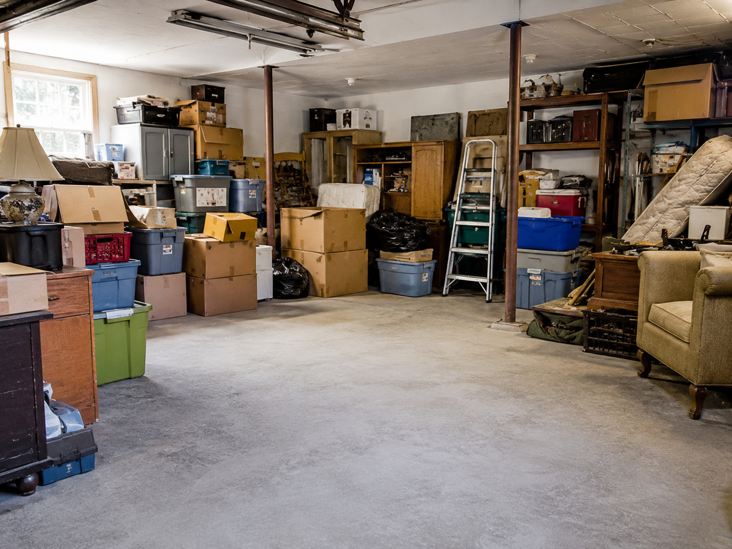 A cluttered garage filled with various tools, boxes, and household items, including a lawn mower, plastic bins, a wheelbarrow, and scattered miscellaneous objects.