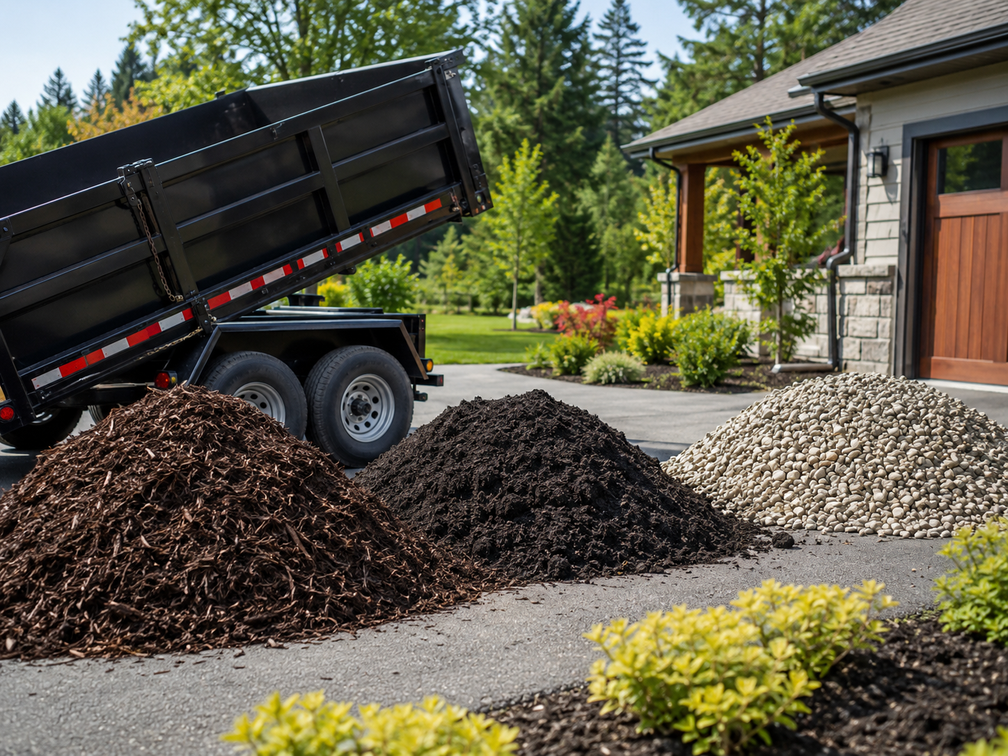 A dump truck unloading dirt onto a construction site with cars and a road in the background.