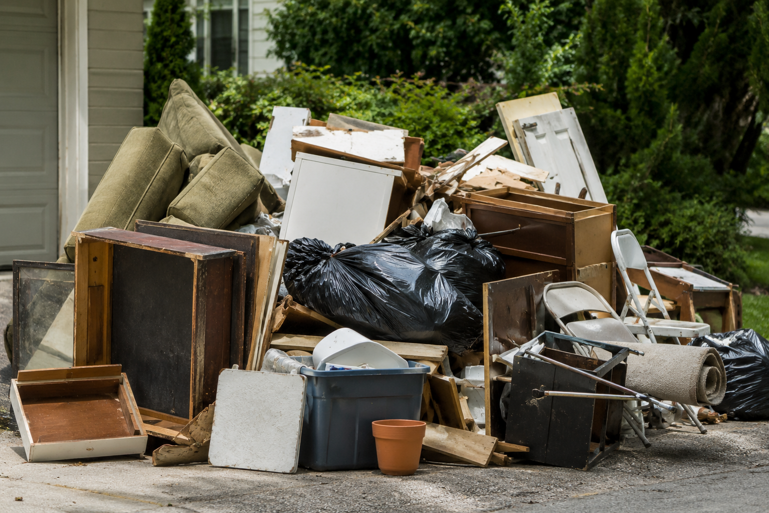 Pile of garbage and discarded household items outside a house, including black trash bags, plastic buckets, wooden boards, a toilet, and other debris next to a brick wall.