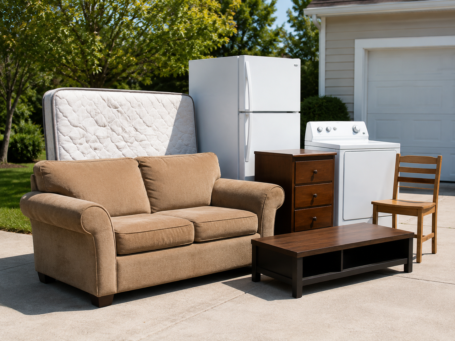 Various white refrigerators and freezers placed outdoors on a dirt surface near a yellow fence.