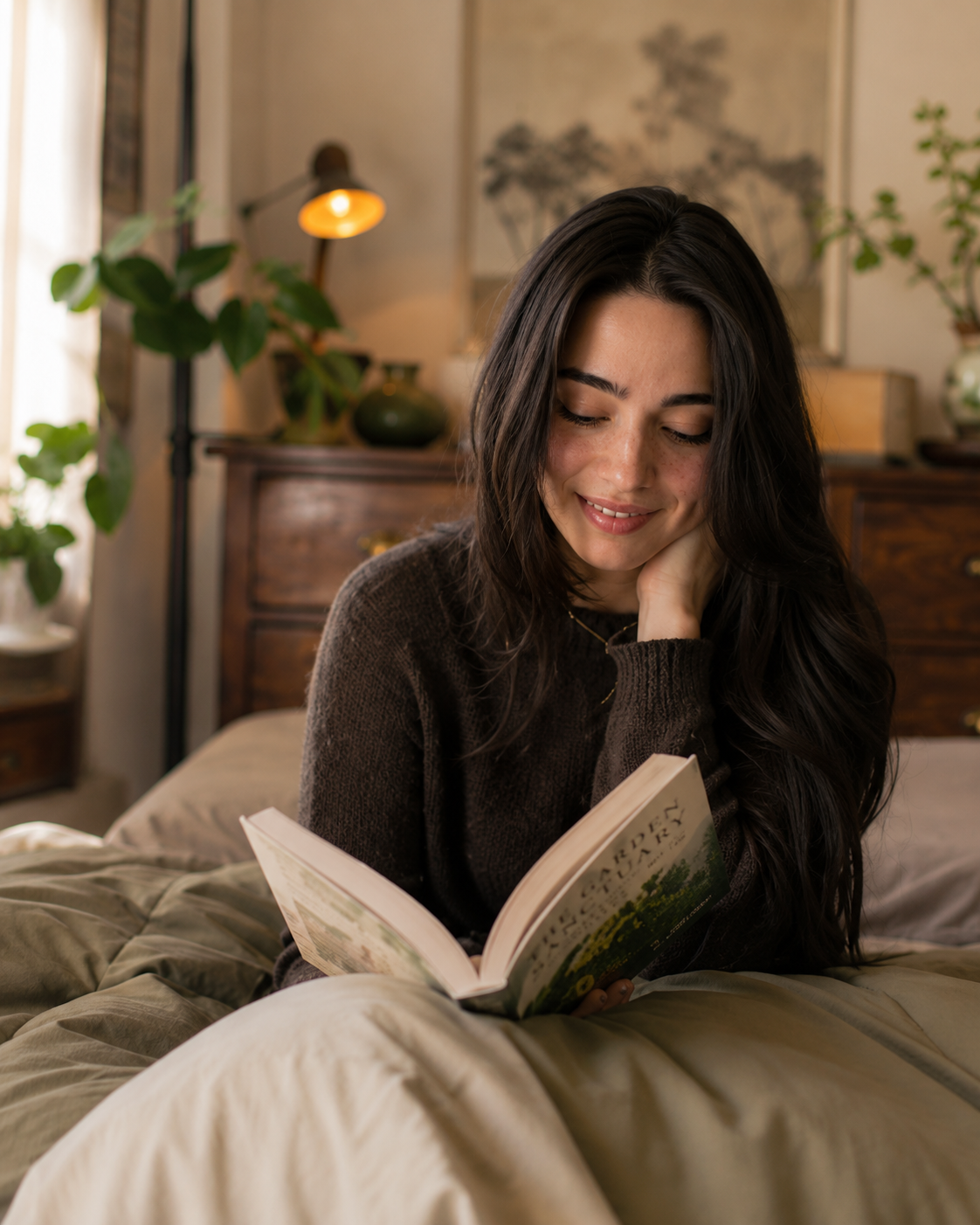 New York State Certified Dietitian Nutritionist reading comfortably at home, feeling calm and well.