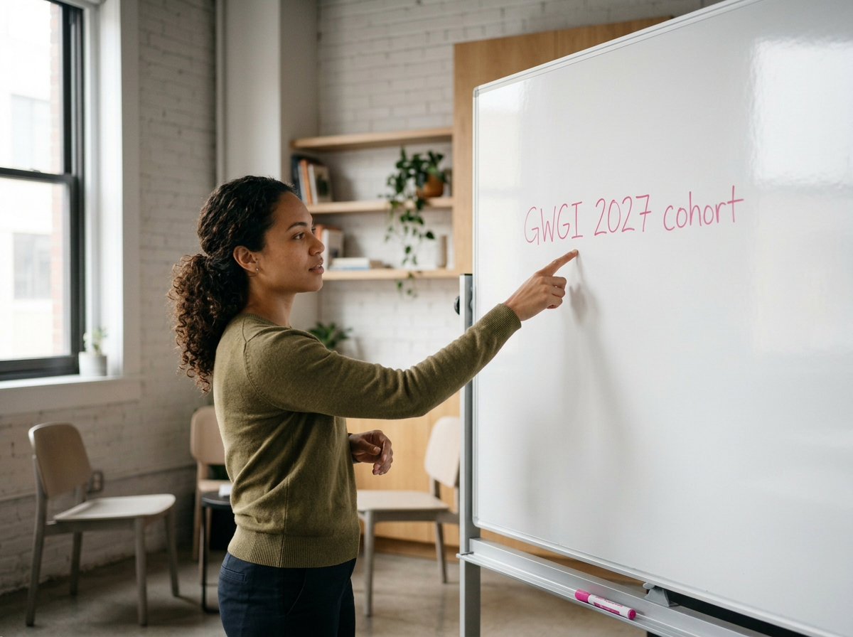A woman with curly hair writing on a whiteboard in a classroom, with shelves and chairs in the background.