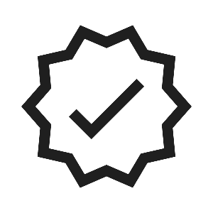 A black badge with a checkmark inside, symbolizing verification or approval.