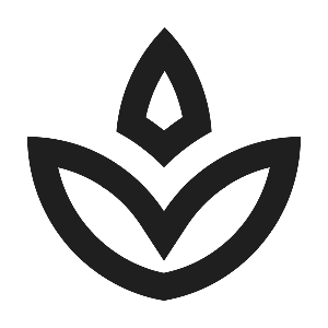 A stylized black and white icon of a lotus flower with three petals.