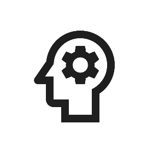 Outline of a human head with a gear inside, symbolizing thinking or mental processes.