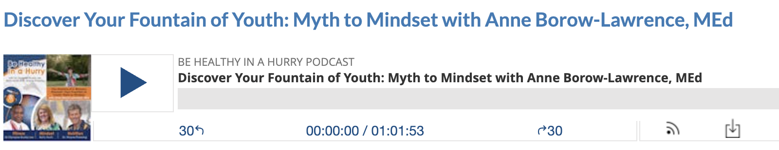 Podcast episode cover art titled 'Discover Your Fountain of Youth: Myth to Mindset with Anne Borrow-Lawrence, MEd,' featuring images of children and adults, with a play button and media controls.