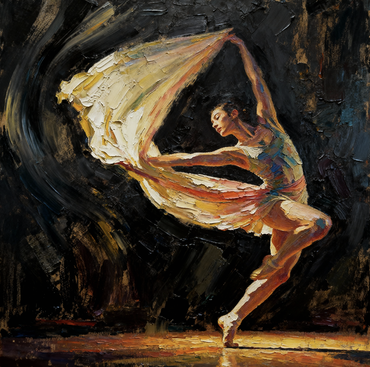 A ballet dancer in a flowing dress performing a dance on stage, with expressive brushstrokes and dramatic lighting.