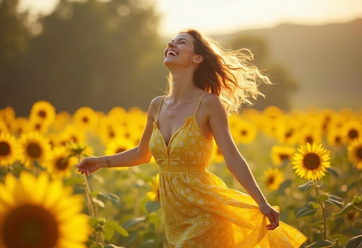 A woman in a yellow dress standing in a sunflower field at sunset, smiling with her eyes closed.