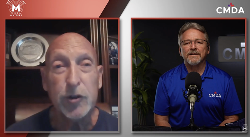 Split-screen video call featuring two men, one bald with a beard and the other with glasses and a beard, both speaking, with CMD logo in the background.