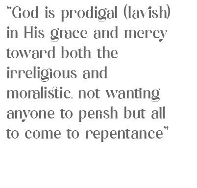 Quote from 1 Peter 3:9 about God's prodigal grace and mercy inviting all to repentance, attributed to Tim Keller.