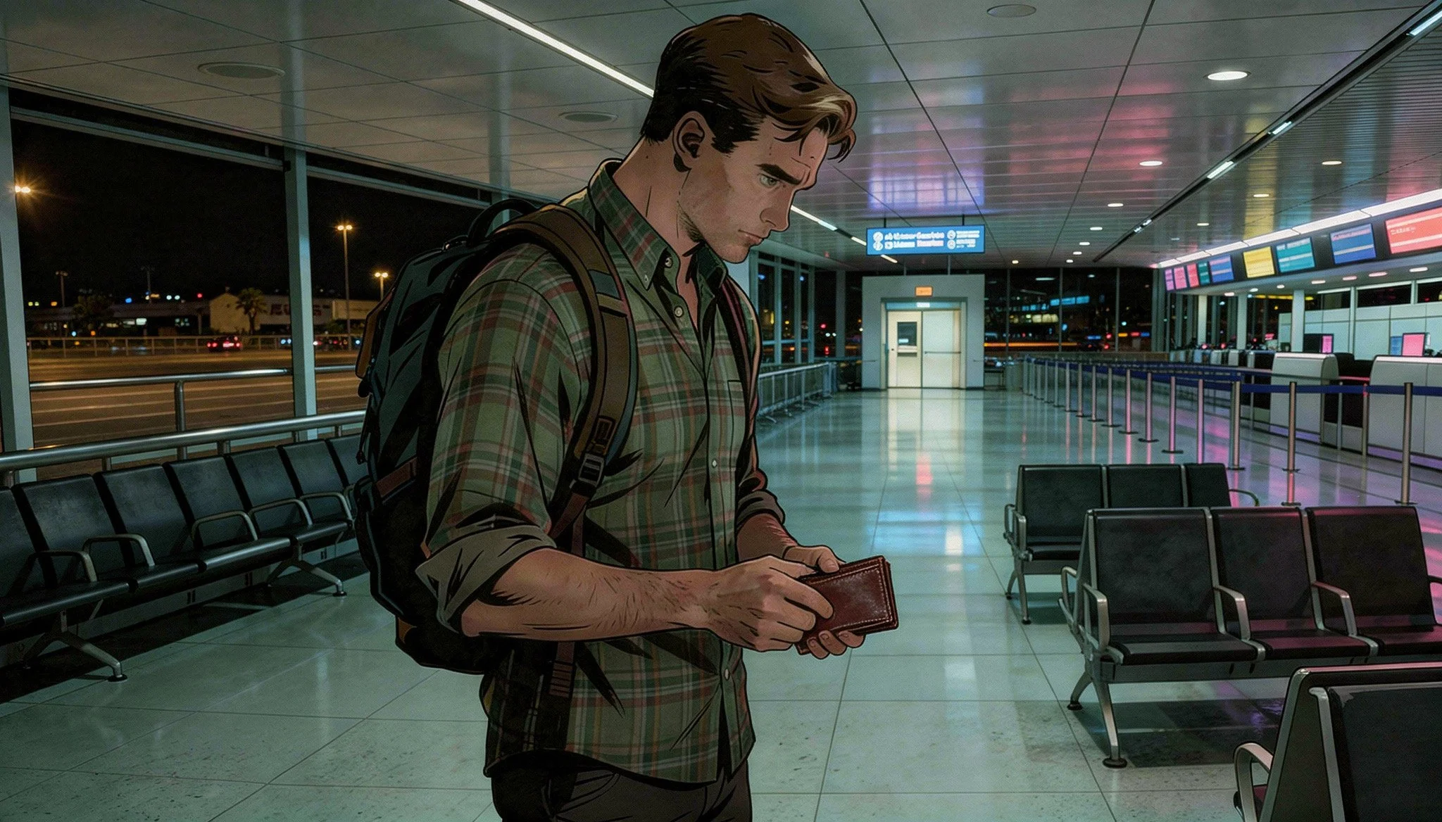 An illustrated man with light brown hair, wearing a plaid shirt and carrying a backpack, standing at an airport terminal and looking at his phone.