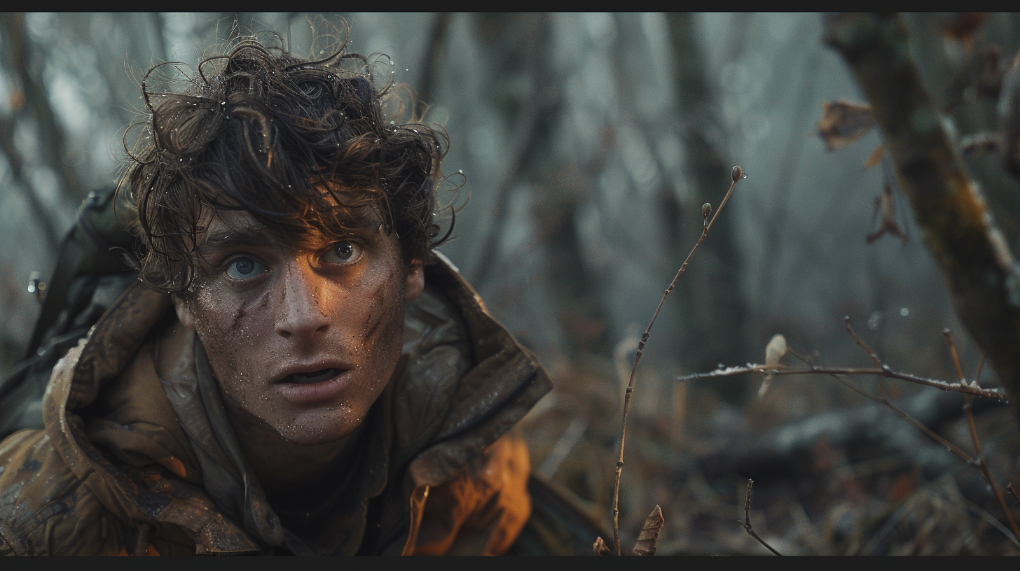 Close-up of a young man with curly hair lying on the ground in a forest, looking surprised or frightened, with dirt on his face and wearing a jacket.