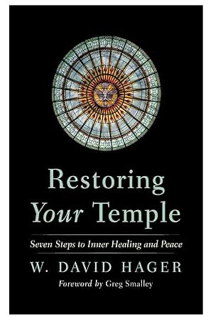 Book cover titled 'Restoring Your Temple' by W. David Hager with a stained glass window illustration in a circular pattern.
