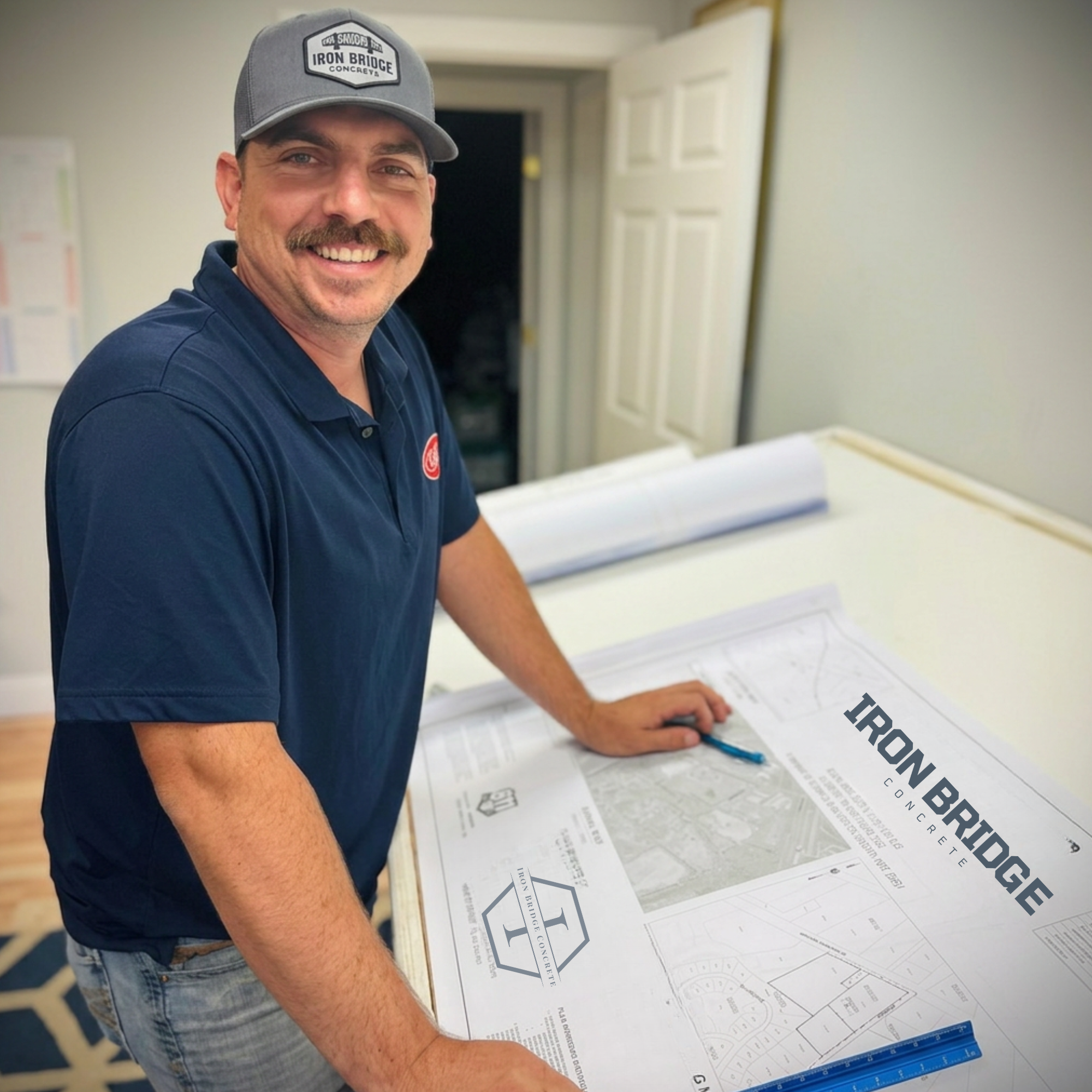 Man with a mustache and short hair wearing a gray baseball cap and navy polo shirt looking at architectural plans on a table in a room with open white door and a patterned blue and beige carpet.