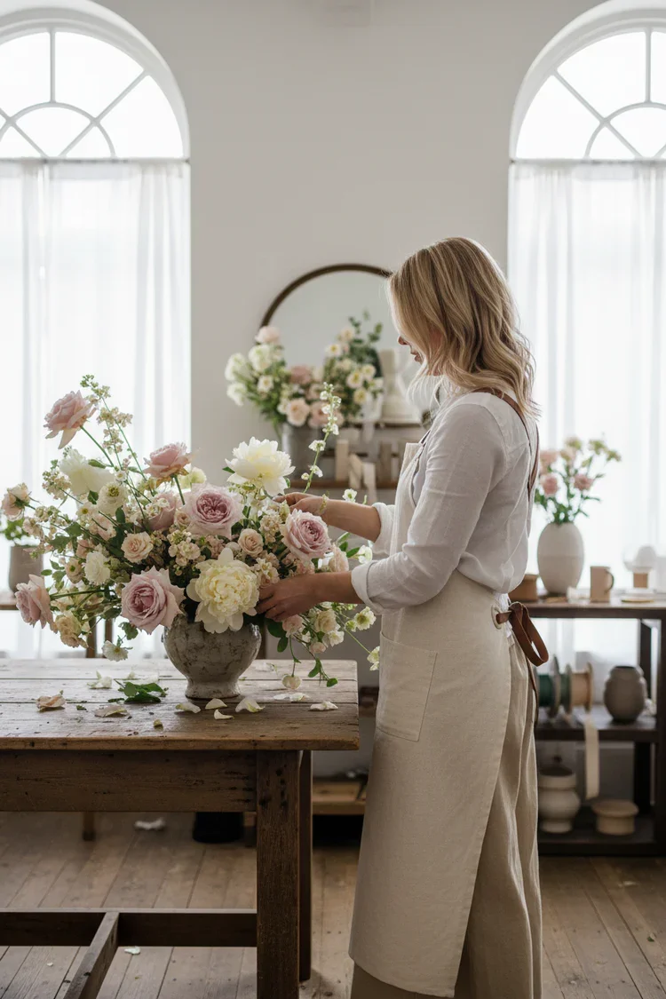Woman arranging a large upscale arrangement of pink ranunculus and white roses in a garden style ceramic vase in a bright, airy Horseshoe Valley flower studio.