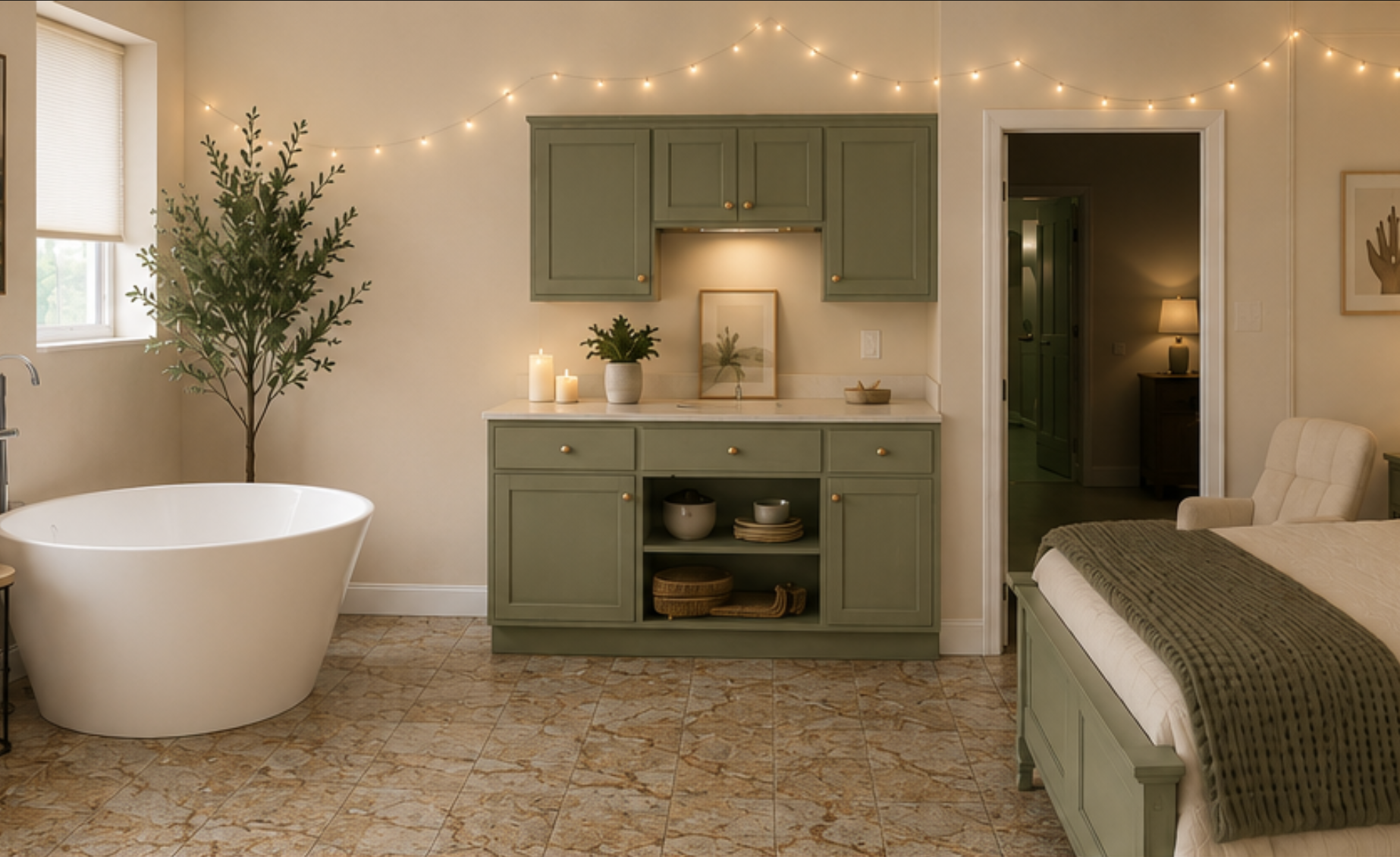 A bathroom with a modern white bathtub, a green cabinet with a marble top, lit candles, a framed botanical print, and a large window with blinds. There is a bed with a green blanket and a beige armchair in the room, decorated with string lights and wall art.
