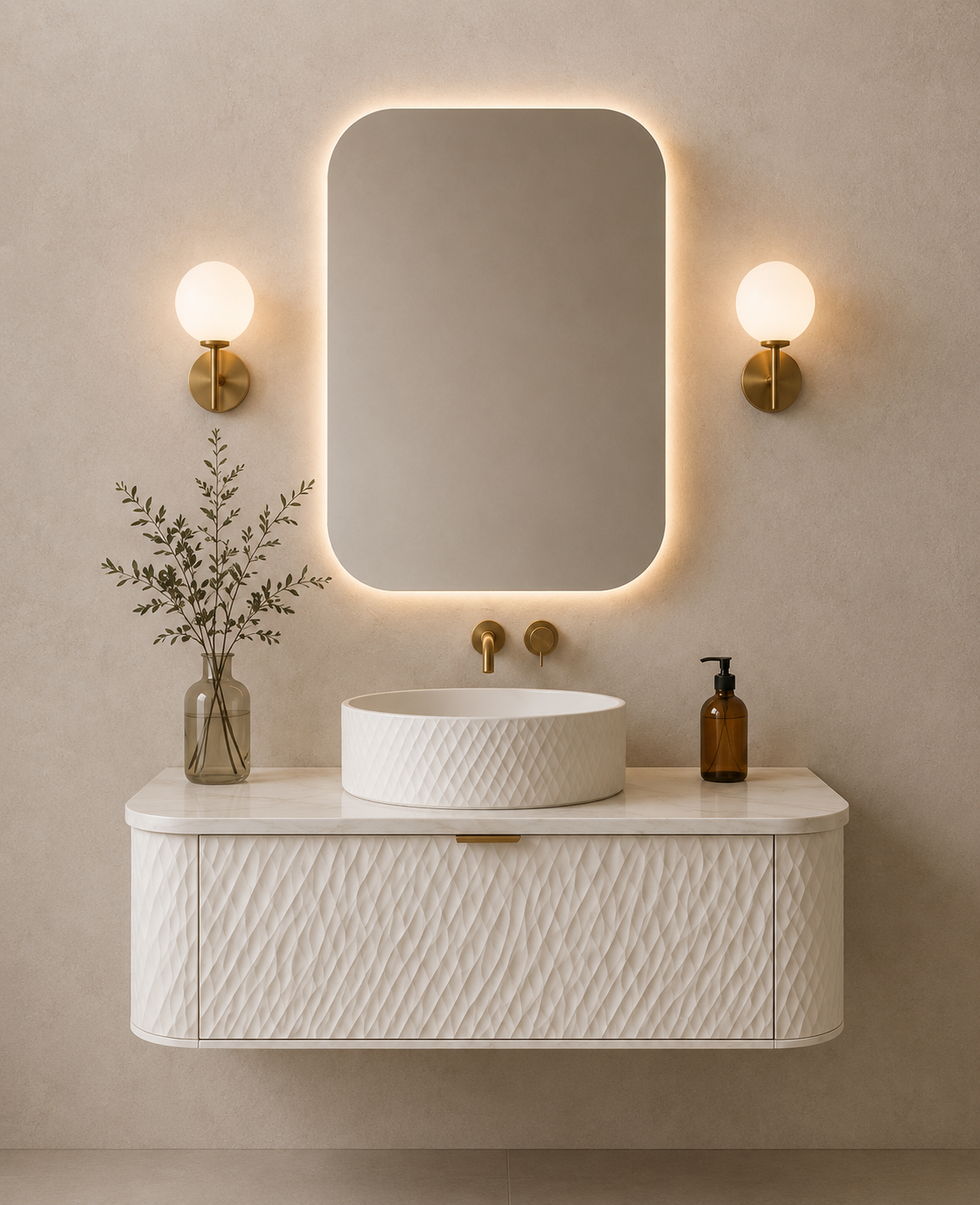 Modern bathroom vanity with a white textured sink, a large backlit mirror, two gold wall sconces, a brown soap dispenser, and a vase with greenery.