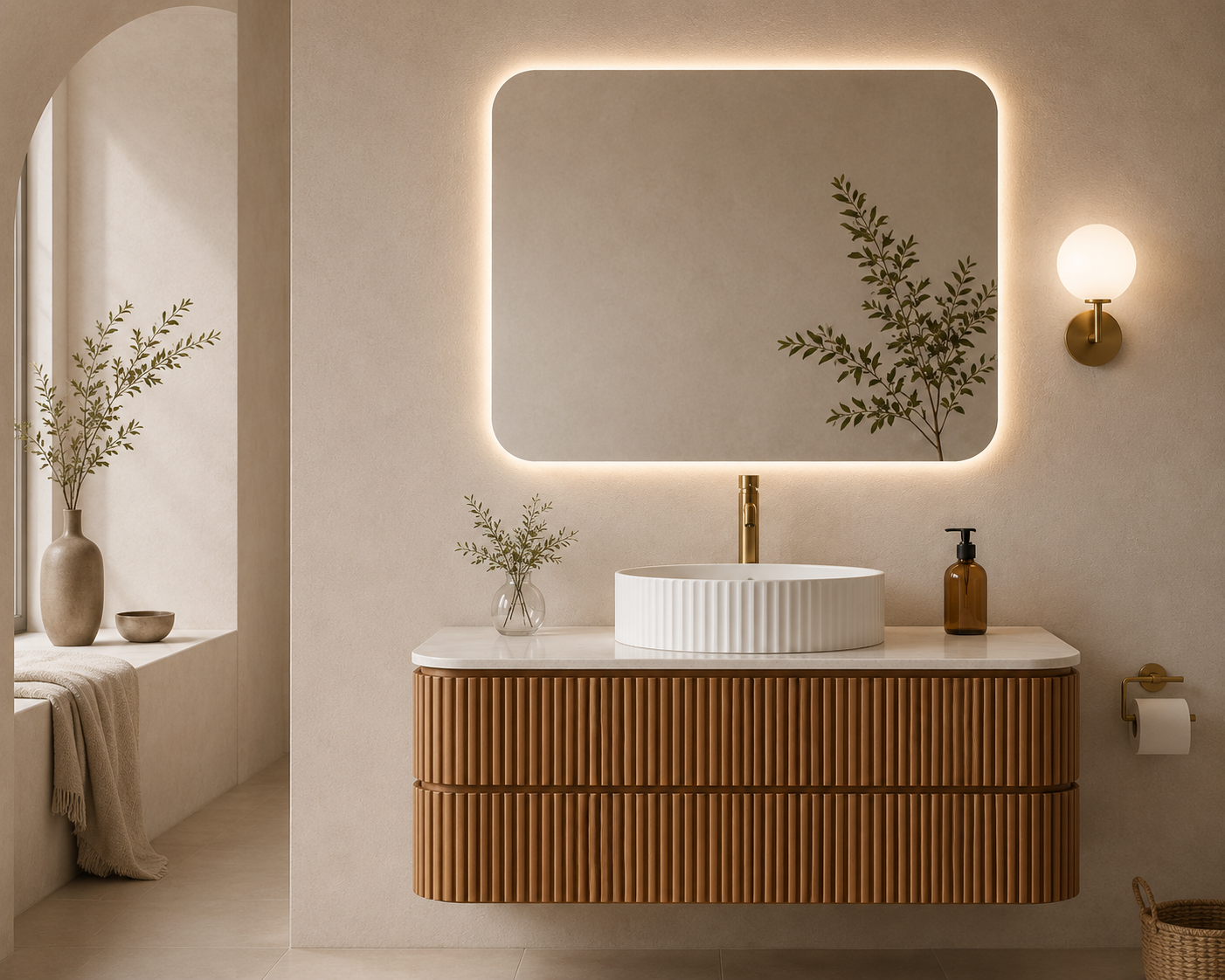 Minimalist bathroom with a wooden vanity, white circular sink, and backlit mirror. Decor includes green plants in vases, a brown soap dispenser, a wall sconce, a basket, and a window with a beige curtain.