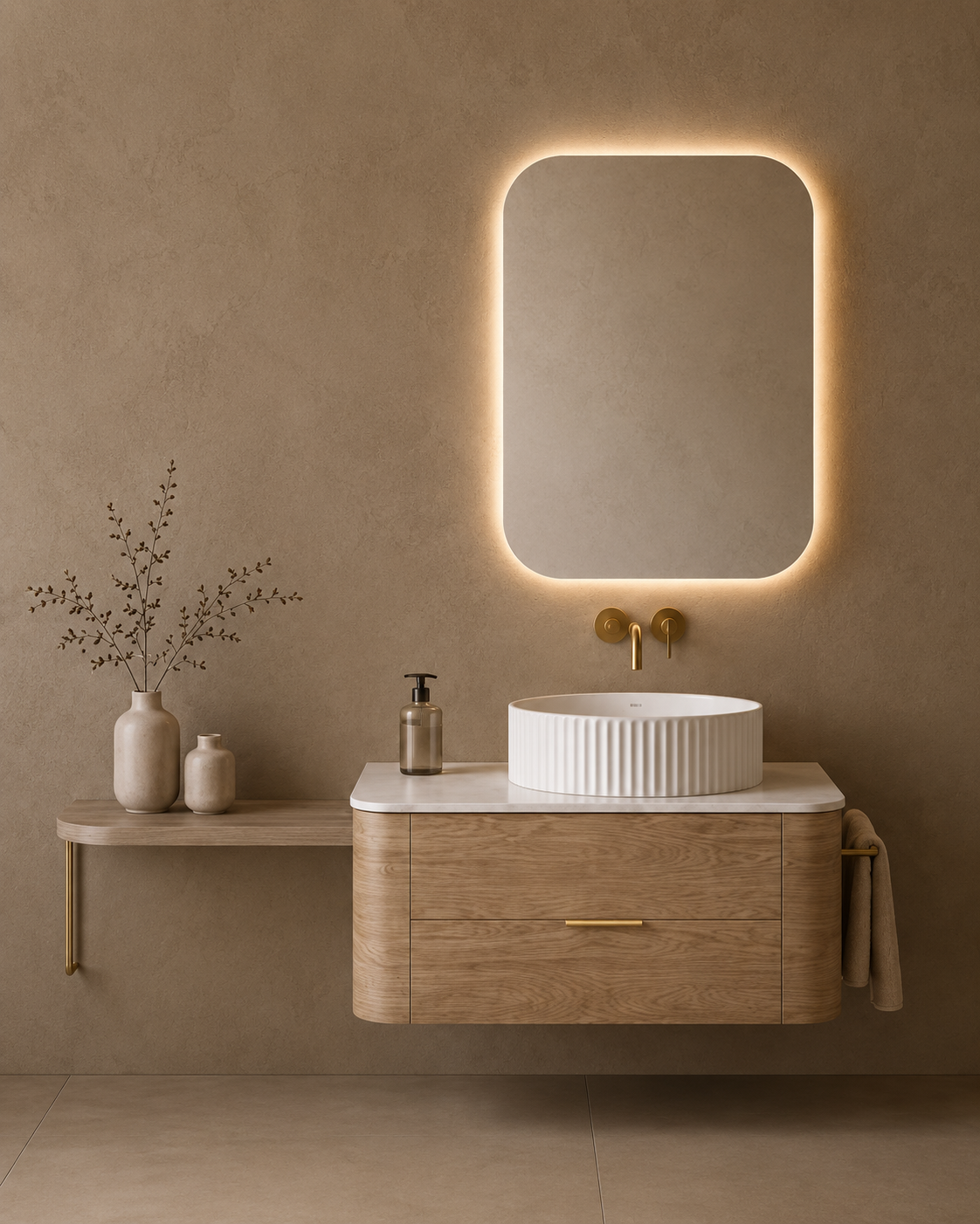 Minimalist bathroom with a wooden vanity, white vessel sink, backlit mirror, gold faucet, a beige wall, and a floating shelf with decorative vases and a potted plant.