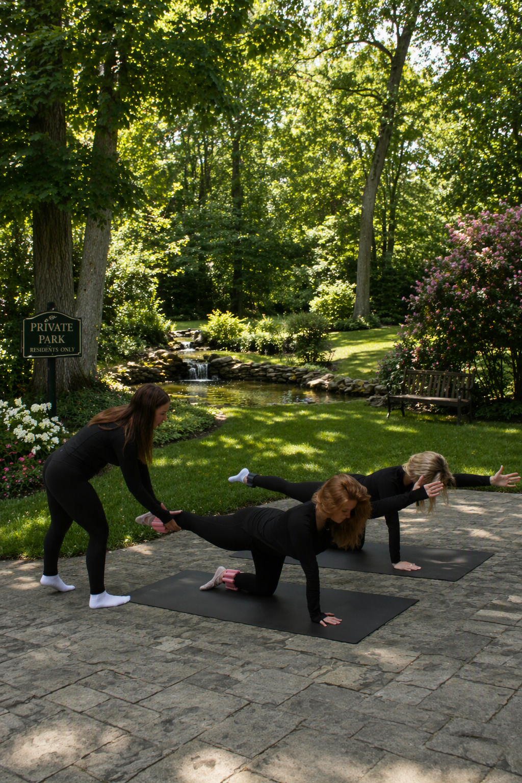 Two women practicing yoga outdoors on black mats, with a third person assisting, in a lush, green park with a small waterfall, trees, and a "Private Park" sign.