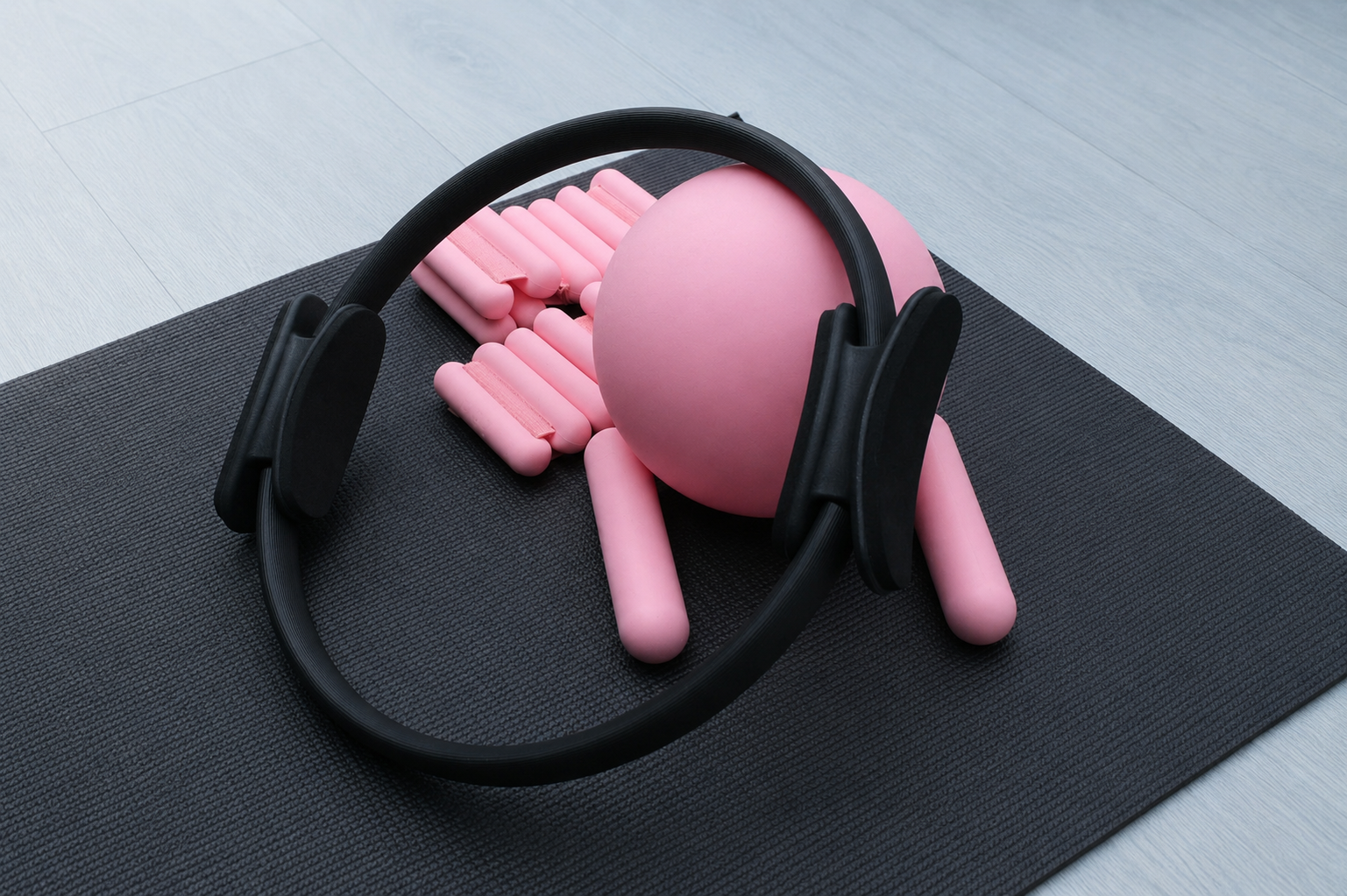 A black fitness headband, a pink exercise ball, and pink dumbbells on a black yoga mat.