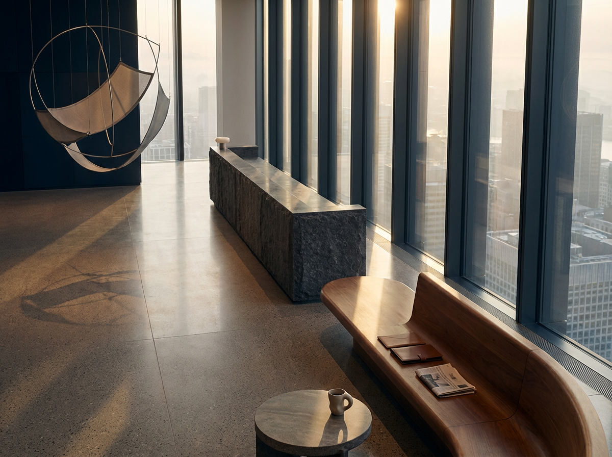 Interior of a modern office with floor-to-ceiling windows, a wooden bench with magazines and a newspaper, a small round table with a coffee mug, a marble counter, and a contemporary hanging art piece. Cityscape visible through windows.