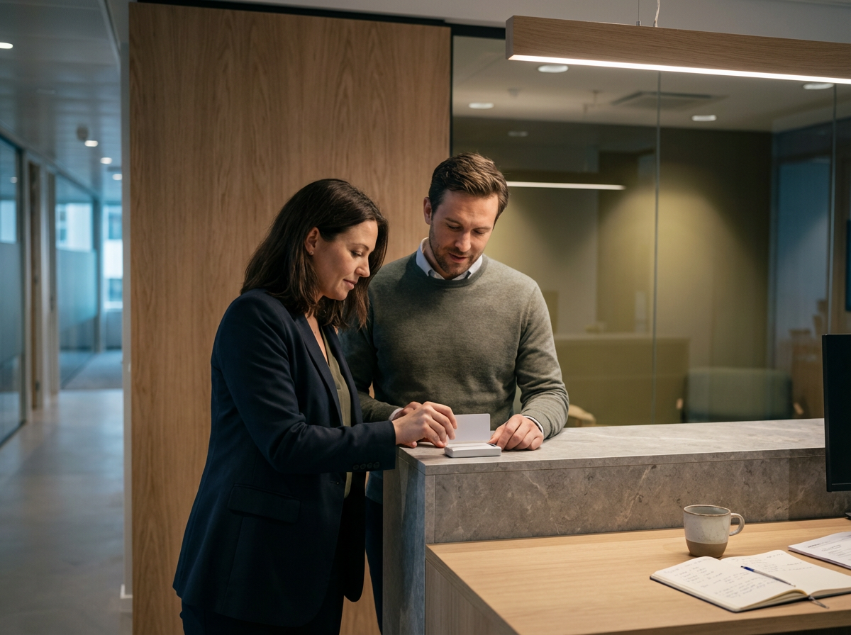 A woman and a man are discussing documents at a reception desk in an office. The woman is wearing a dark blazer, and the man is in a grey sweater. There is a coffee mug and an open notebook on the desk.