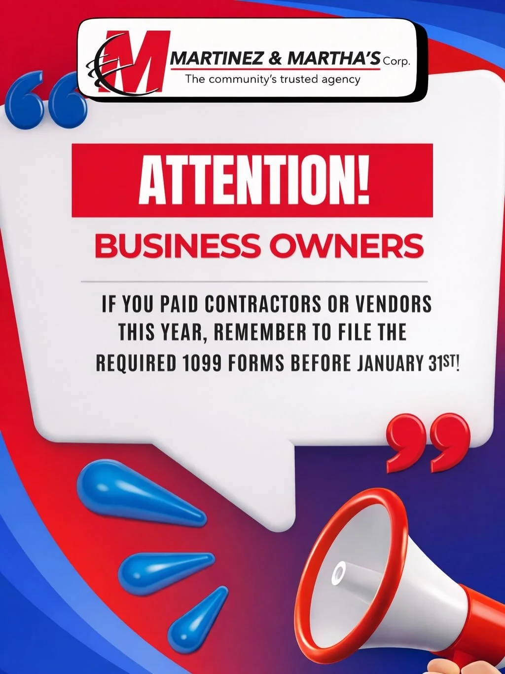 🚨 ALERT: 1099 DEADLINE (Jan 31)

Business owners&mdash;if you paid contractors or vendors during the year, make sure you send the required 1099 form(s) to the right recipients by January 31.

✅ Quick checklist:
&bull; Confirm name + TIN/EIN (W-9) 
&