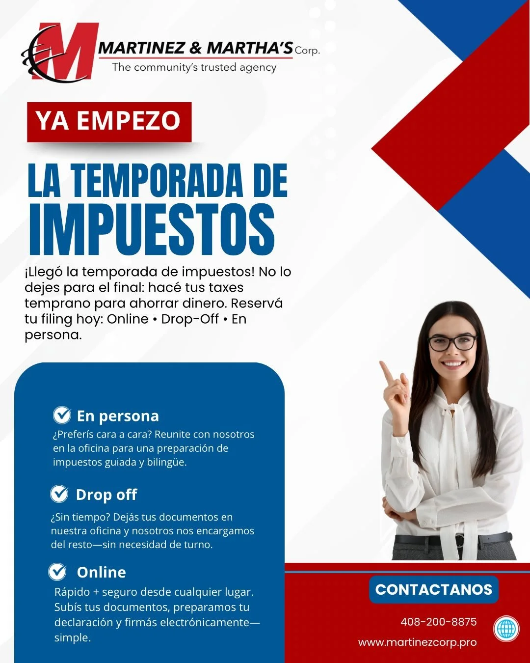 ✅ &iexcl;Lleg&oacute; la temporada de impuestos! / Tax Season is Here! ￼

ES:
Si quer&eacute;s ahorrar dinero, la mejor estrategia es simple: hac&eacute; tus taxes temprano. Con tiempo podemos revisar todo con calma, evitar errores que cuestan caro y