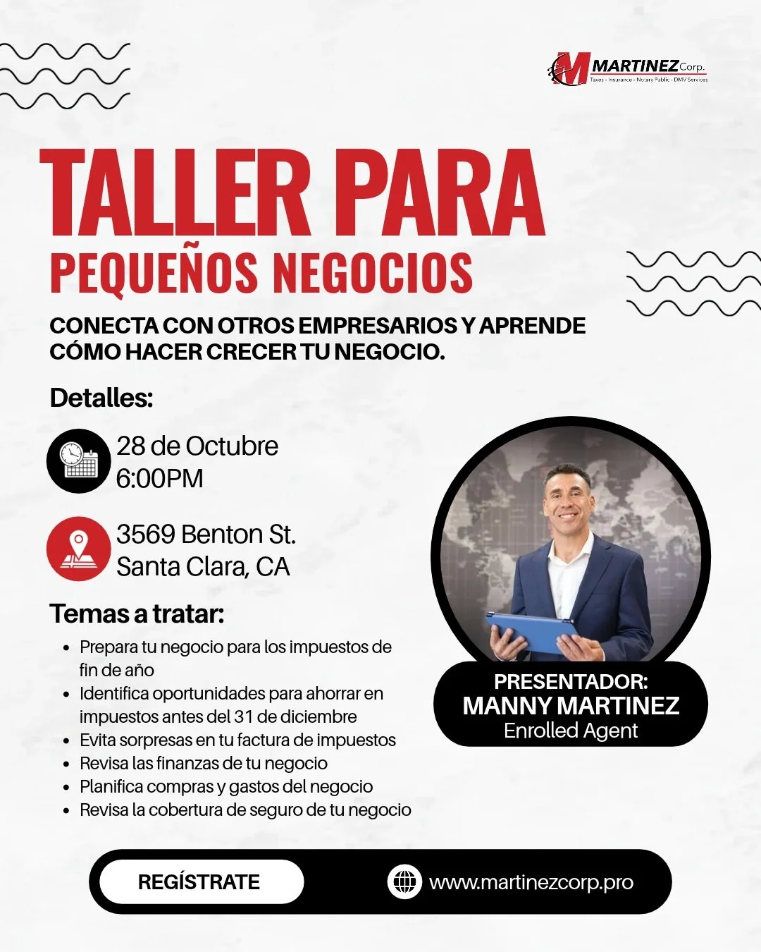Si eres due&ntilde;o de un peque&ntilde;o negocio y quieres aprender c&oacute;mo hacerlo crecer y aumentar sus ganacias, &iexcl;acomp&aacute;&ntilde;anos en nuestro Taller GRATUITO para el Crecimiento de Peque&ntilde;os Negocios! 📝

Nuestros tallere