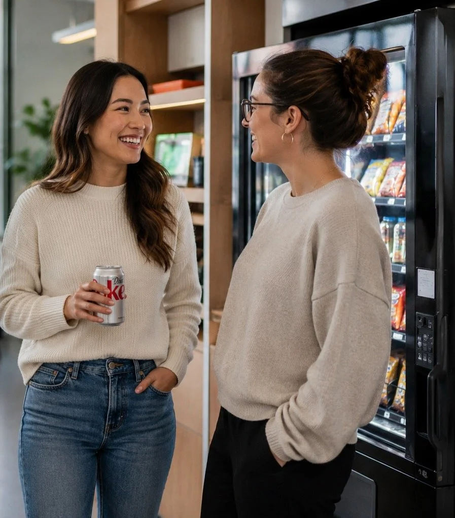 Two women smiling and talking in front of a vending machine, one holding a Diet Coke can.