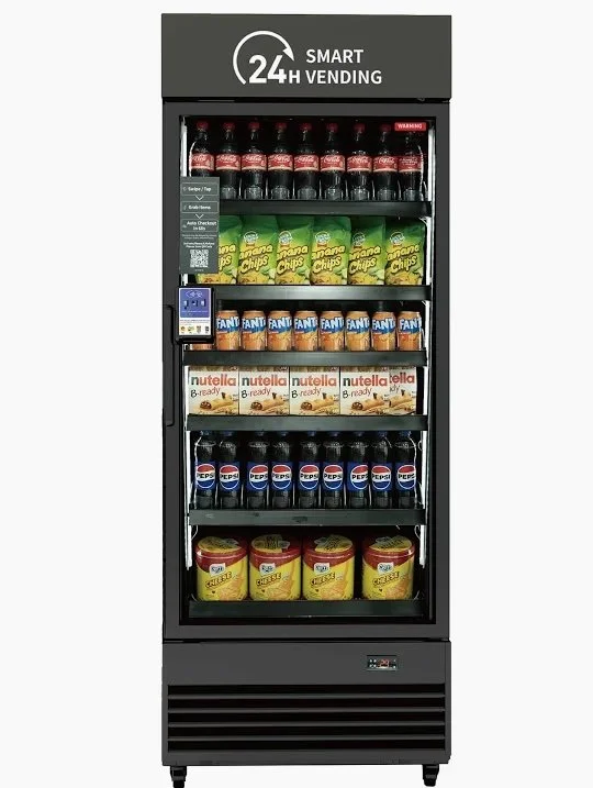 A vending machine stocked with bottles of Coca-Cola, bags of Banana Chips, Fanta cans, Nutella, Pepsi bottles, and Chips Ahoy cookies.