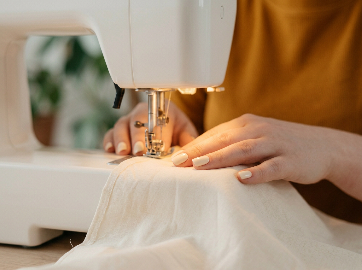 Person sewing fabric using a sewing machine.