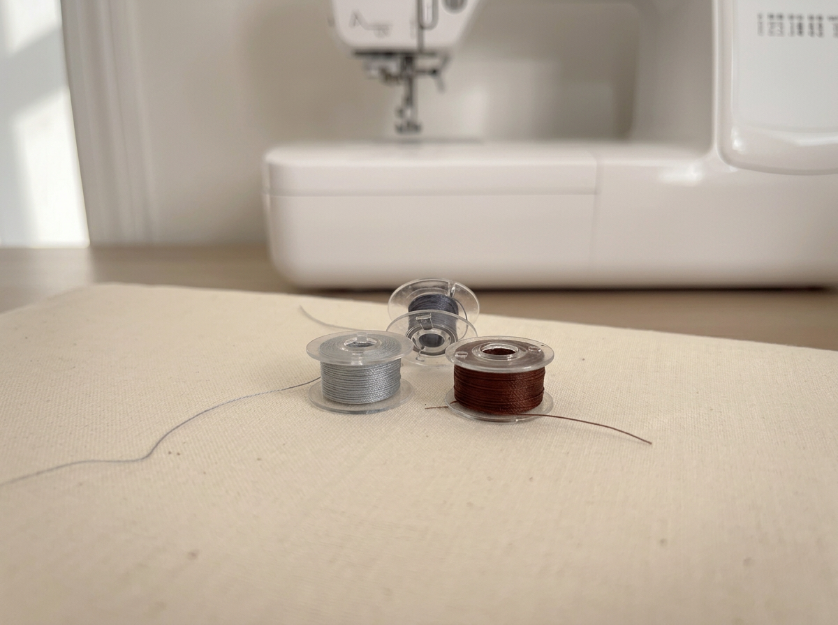 Three spools of thread - silver, dark brown, and gray - with loose threads on fabric, with sewing machine in background
