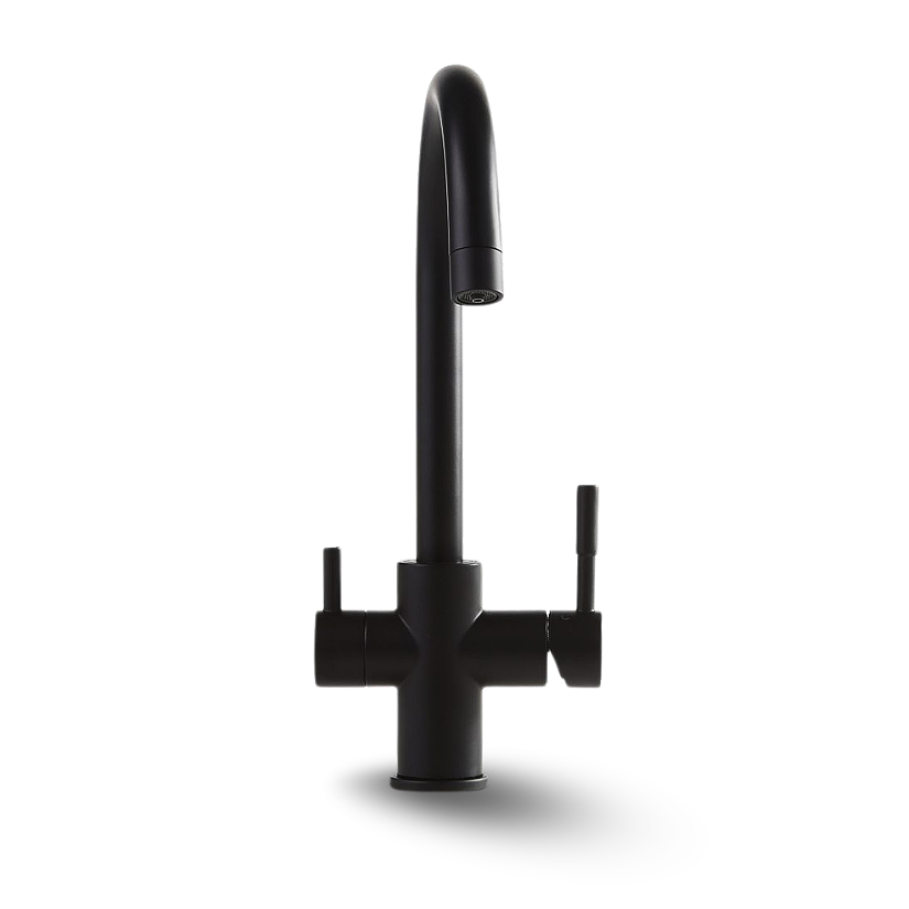 Black kitchen faucet with high arc spout and two side handles against a black background.