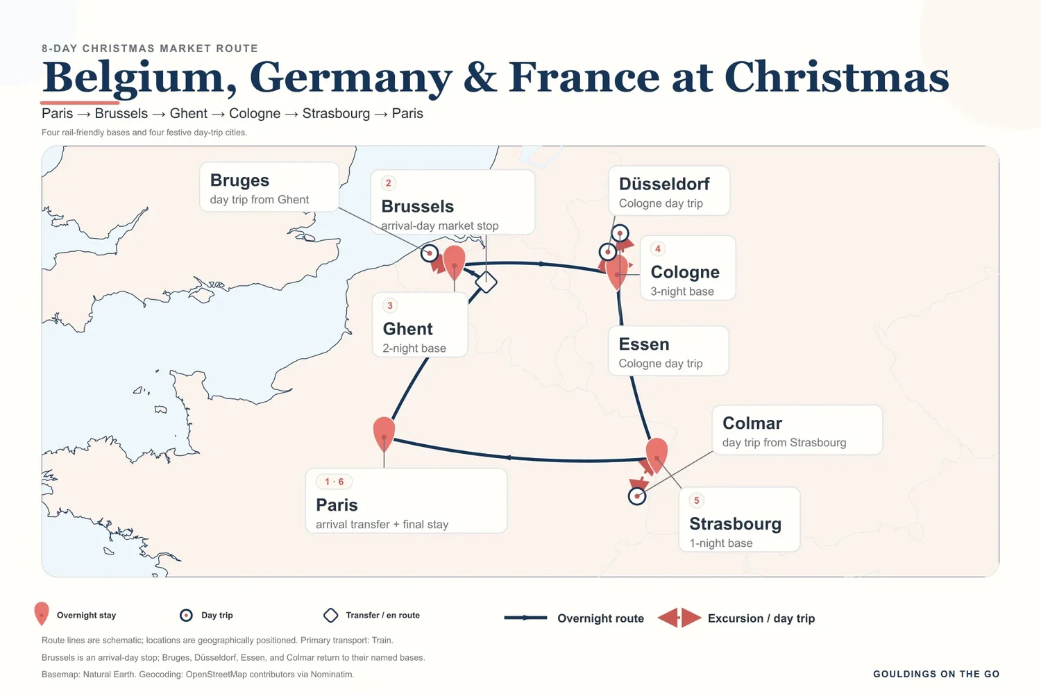 Eight-day European Christmas-market route through Belgium, Germany, Alsace, and Paris