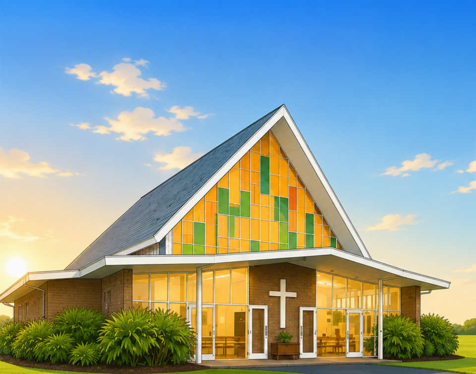 Modern church building with large cross on front, glass windows, and colorful stained glass above entrance, surrounded by greenery with a sunset sky.