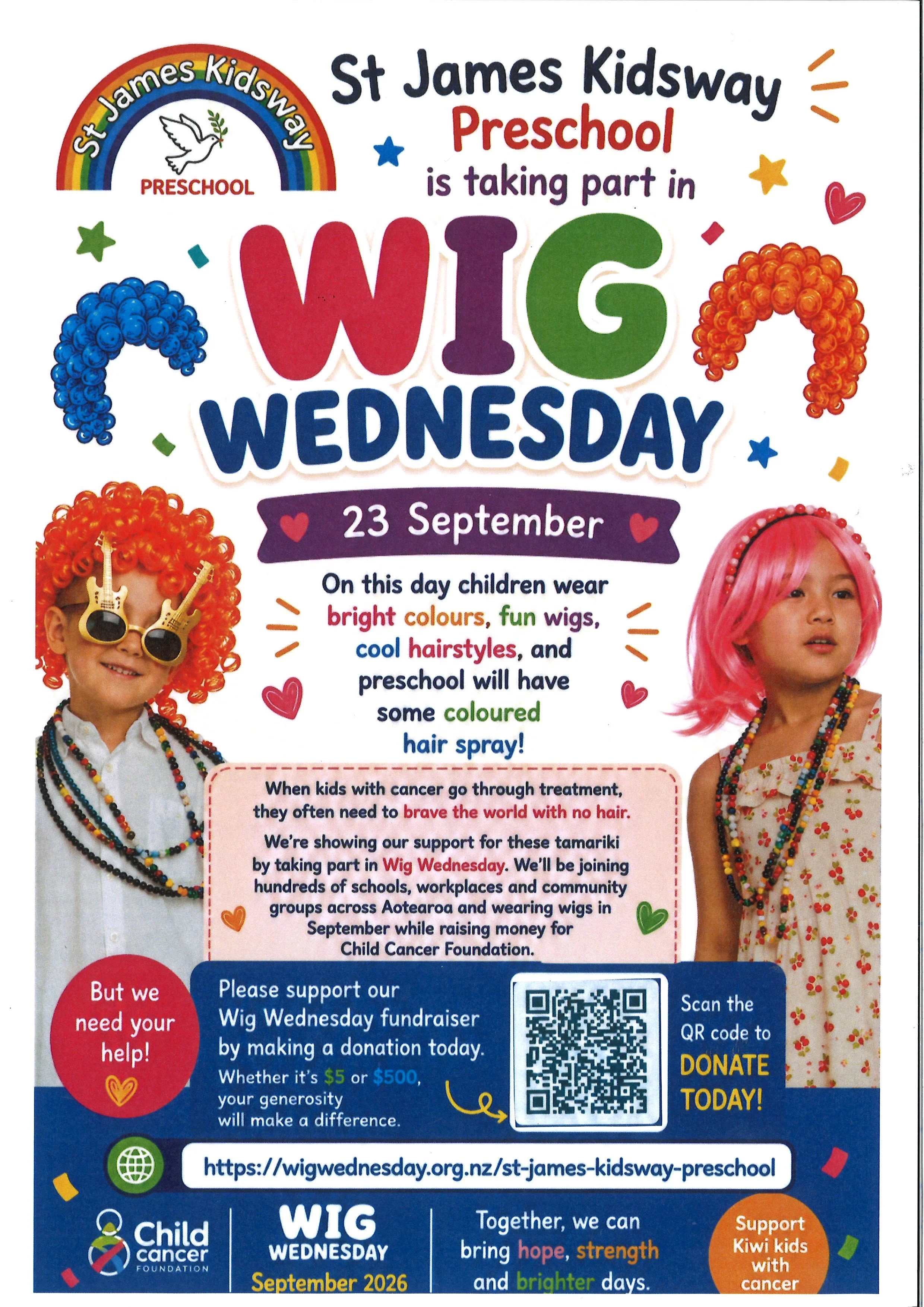 A colorful poster promoting a pajama collection drive for the Middlemore Foundation, featuring an illustration of Dame Valerie Adams and two children, with images of blue and pink pajamas and text encouraging donations.