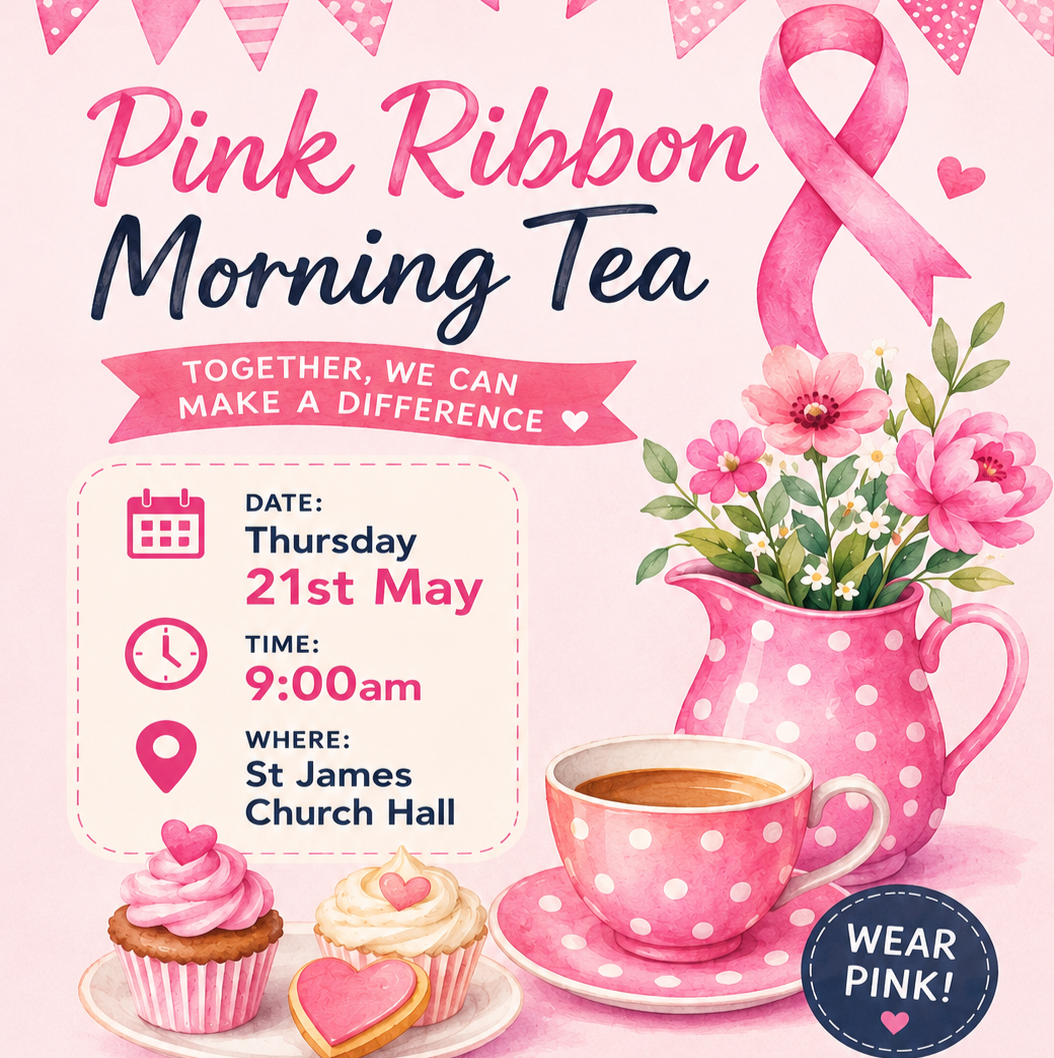Pink-themed event poster for a Pink Ribbon Morning Tea, featuring a pink polka dot teapot with flowers, a pink polka dot teacup with tea, and pink cupcakes. The event is on Thursday, 21st May at 9:00 am at St James Church Hall, with a call to wear pink.