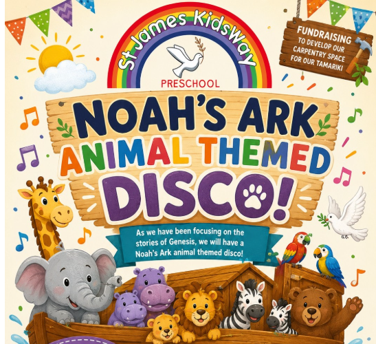 Colorful poster for Steven James Kidswooly preschool event, highlighting Noah's Ark animal-themed disco, featuring cartoon animal characters like a giraffe, elephant, lions, zebras, and parrots, with rainbow, sun, clouds, musical notes, and a sign about fundraising for a carpentry space.