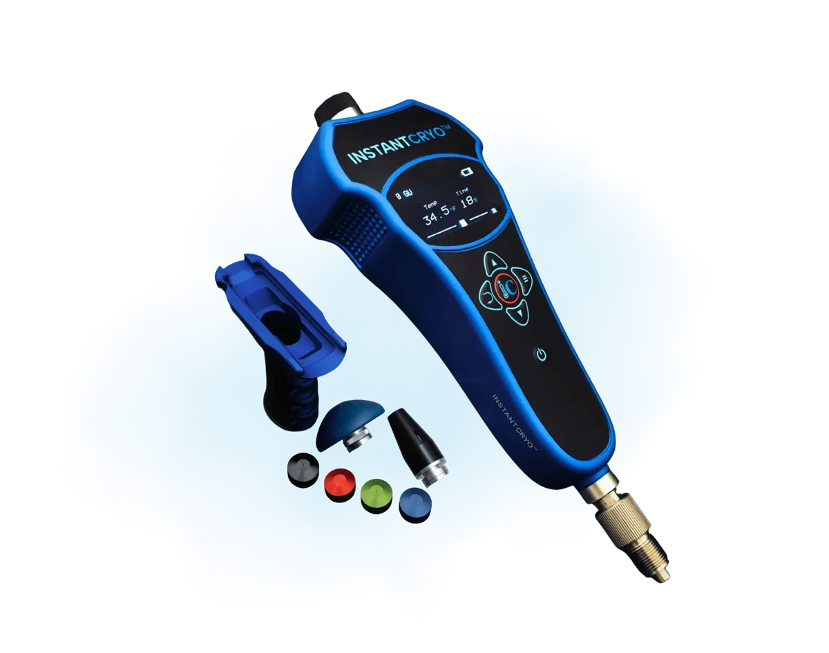 A handheld cryotherapy device with an attachable handle and a range of treatment nozzles.