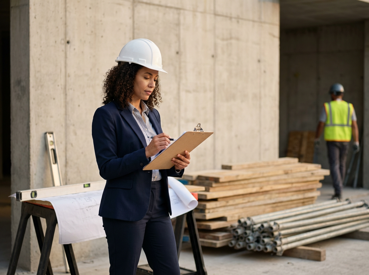 A woman in a navy blazer and white hard hat writing on a clipboard at a construction site.
