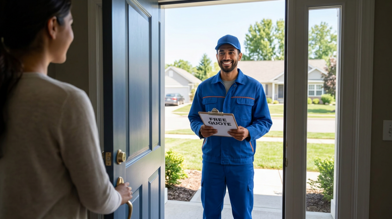 A man in a blue uniform holding a clipboard with a sign that says "Free Quote" stands outside a house, smiling at a woman opening the door.