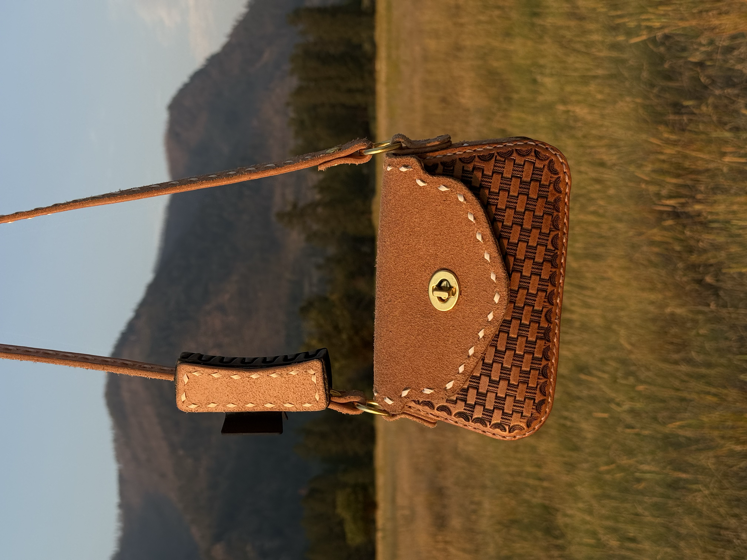 Close-up of a tan leather handbag with a woven pattern on the side, hanging outdoors with a mountain and grassy field background, during sunset.